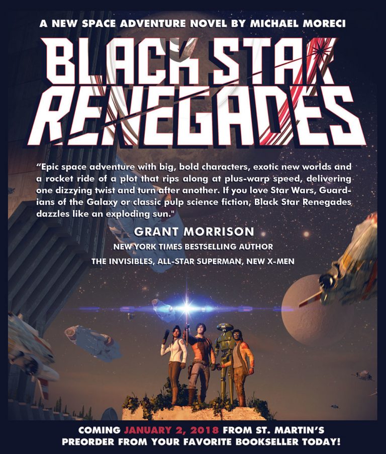 Press art for Black Star Renegades. Art by Wayne Haag. Jacket design by Lesley Worrell. Logo design by Tim Daniel/St. Martin's Press
