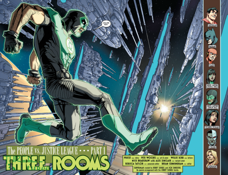 Interior pages from 'Justice League' #34. Art by Pete Woods and Willie Schu/DC Comics